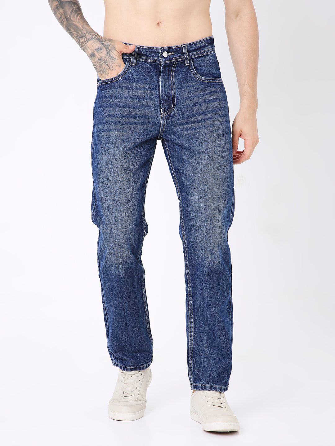 MEN CLASSIC MID BLUE WASH STRAIGHT-LEG DENIM JEANS