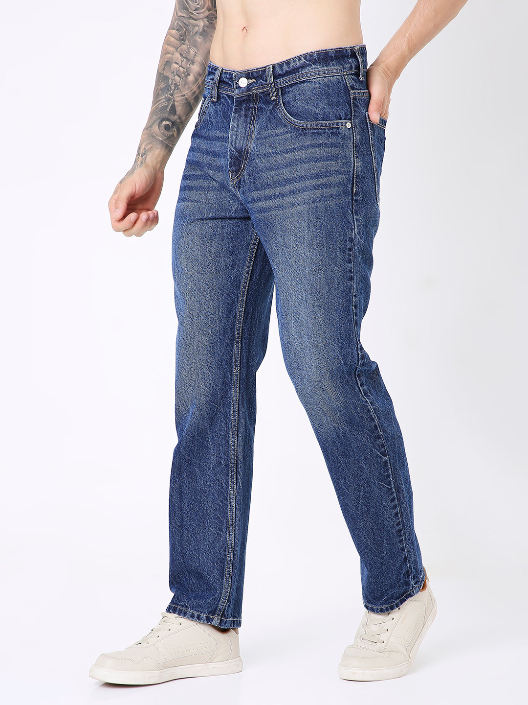 MEN CLASSIC MID BLUE WASH STRAIGHT-LEG DENIM JEANS