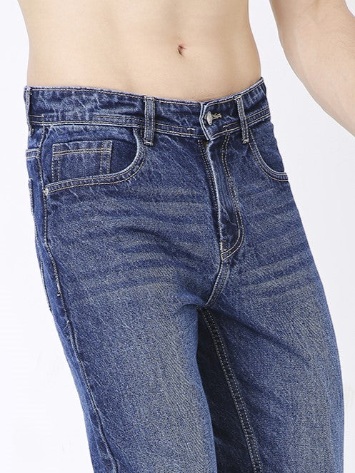 MEN CLASSIC MID BLUE WASH STRAIGHT-LEG DENIM JEANS