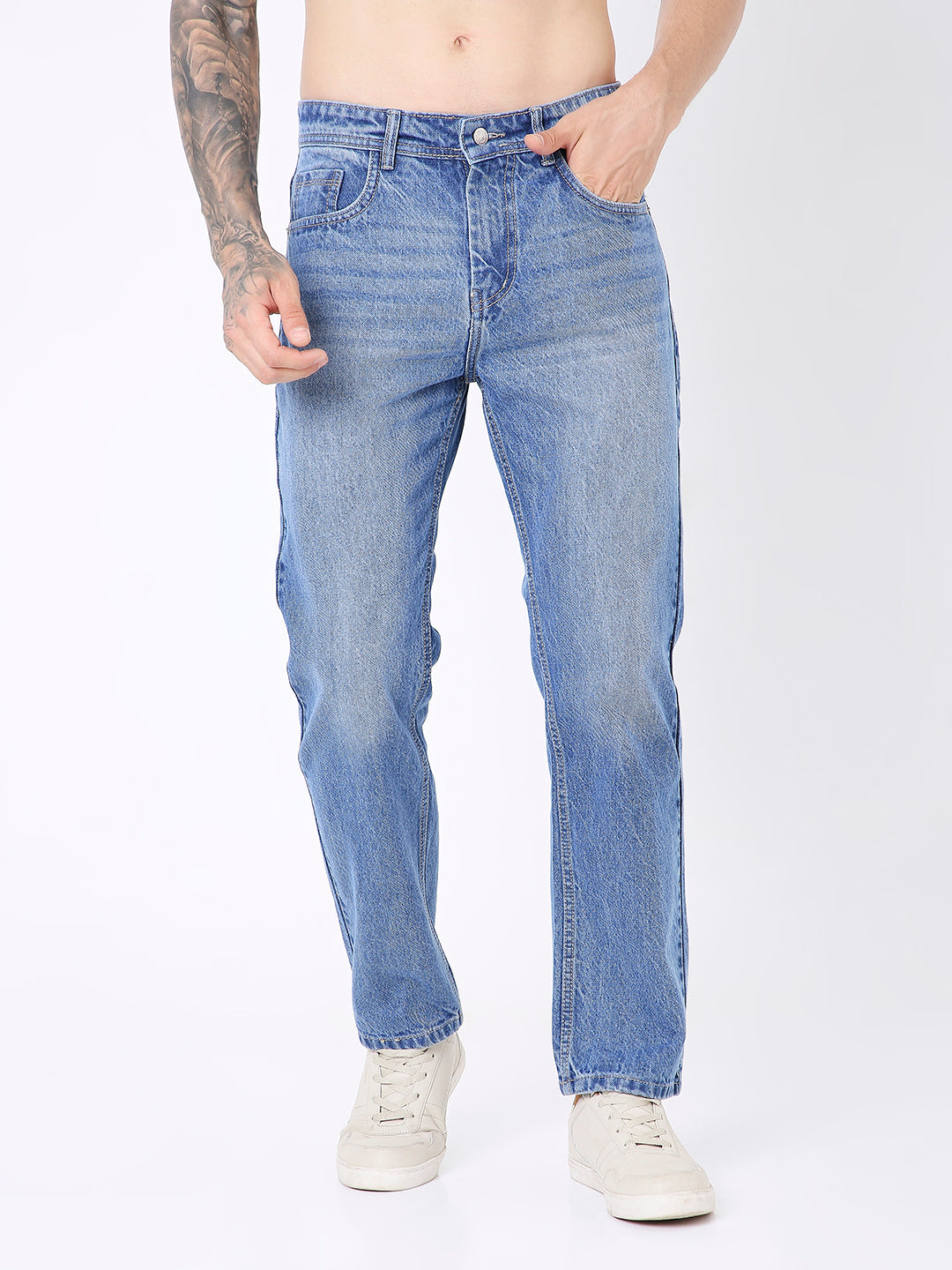MEN CLASSIC MID BLUE WASH WITH LIGHT FADE STRAIGHT-LEG DENIM JEANS