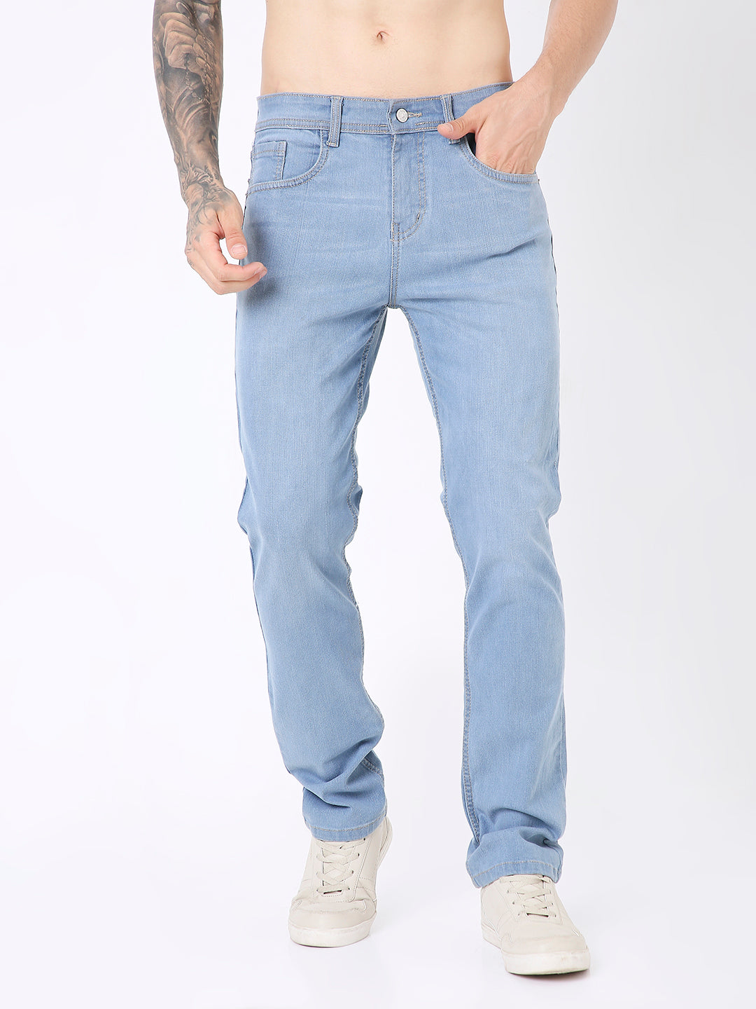 MEN MID BLUE WASH STRAIGHT FIT DENIM JEANS