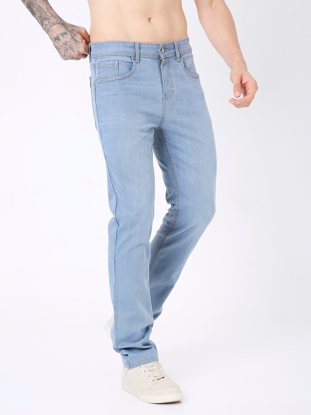 MEN MID BLUE WASH STRAIGHT FIT DENIM JEANS