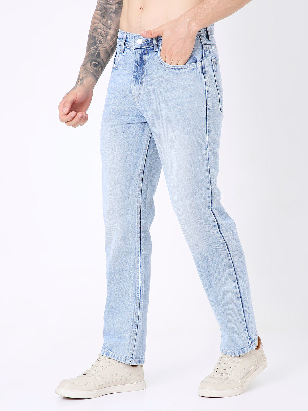 MEN CLASSIC MID LIGHT WASH WITH FADE STRAIGHT-LEG DENIM JEANS