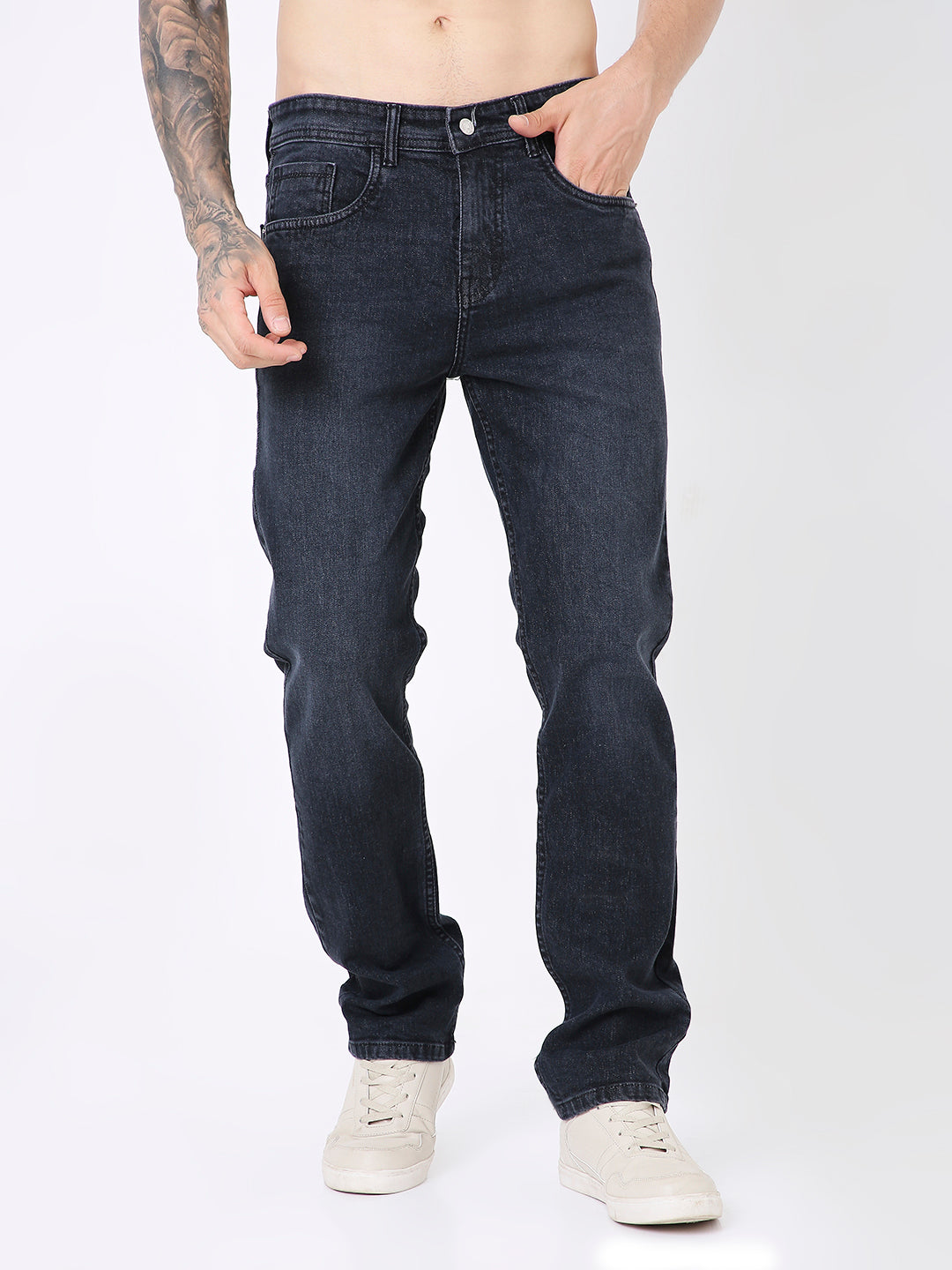 MEN MID BLACK STRAIGHT FIT DENIM JEANS