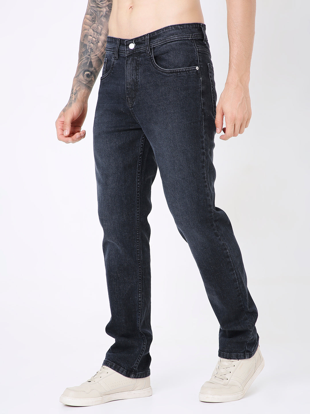 MEN MID BLACK STRAIGHT FIT DENIM JEANS