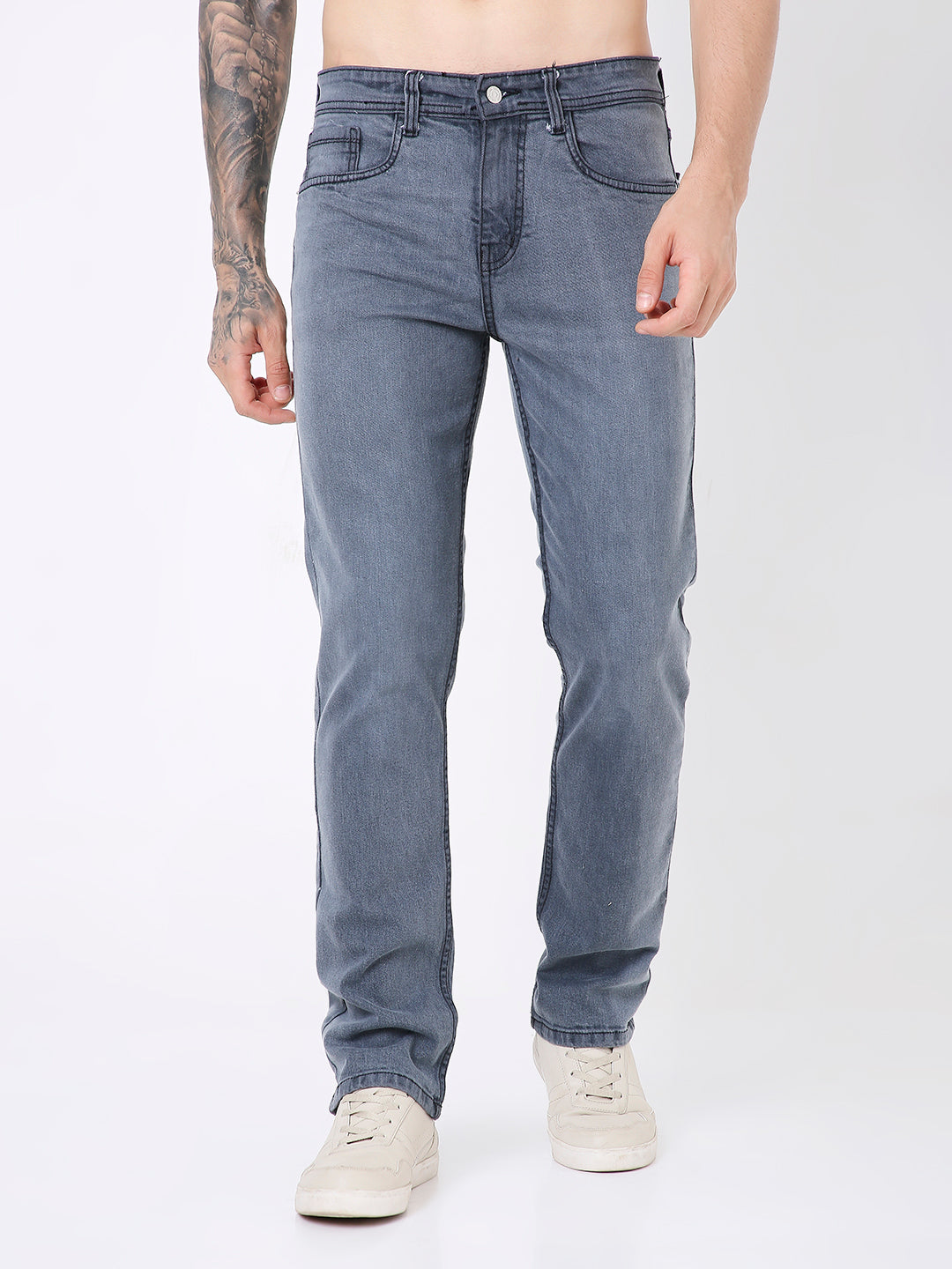 MEN MID LIGHT WASH BLACK STRAIGHT FIT DENIM JEANS