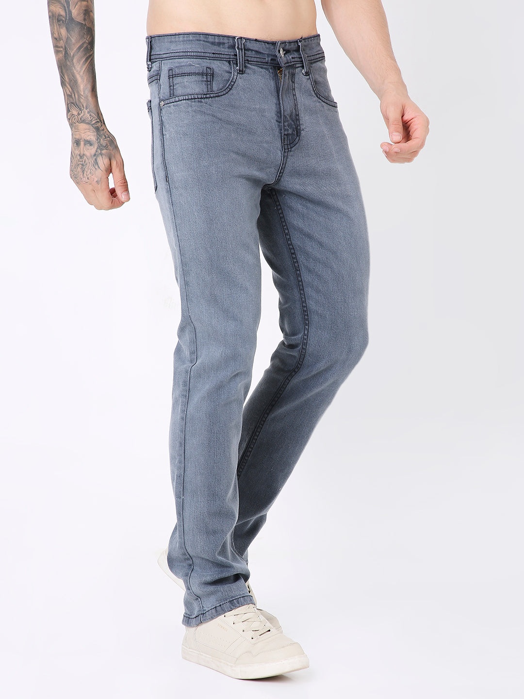 MEN MID LIGHT WASH BLACK STRAIGHT FIT DENIM JEANS