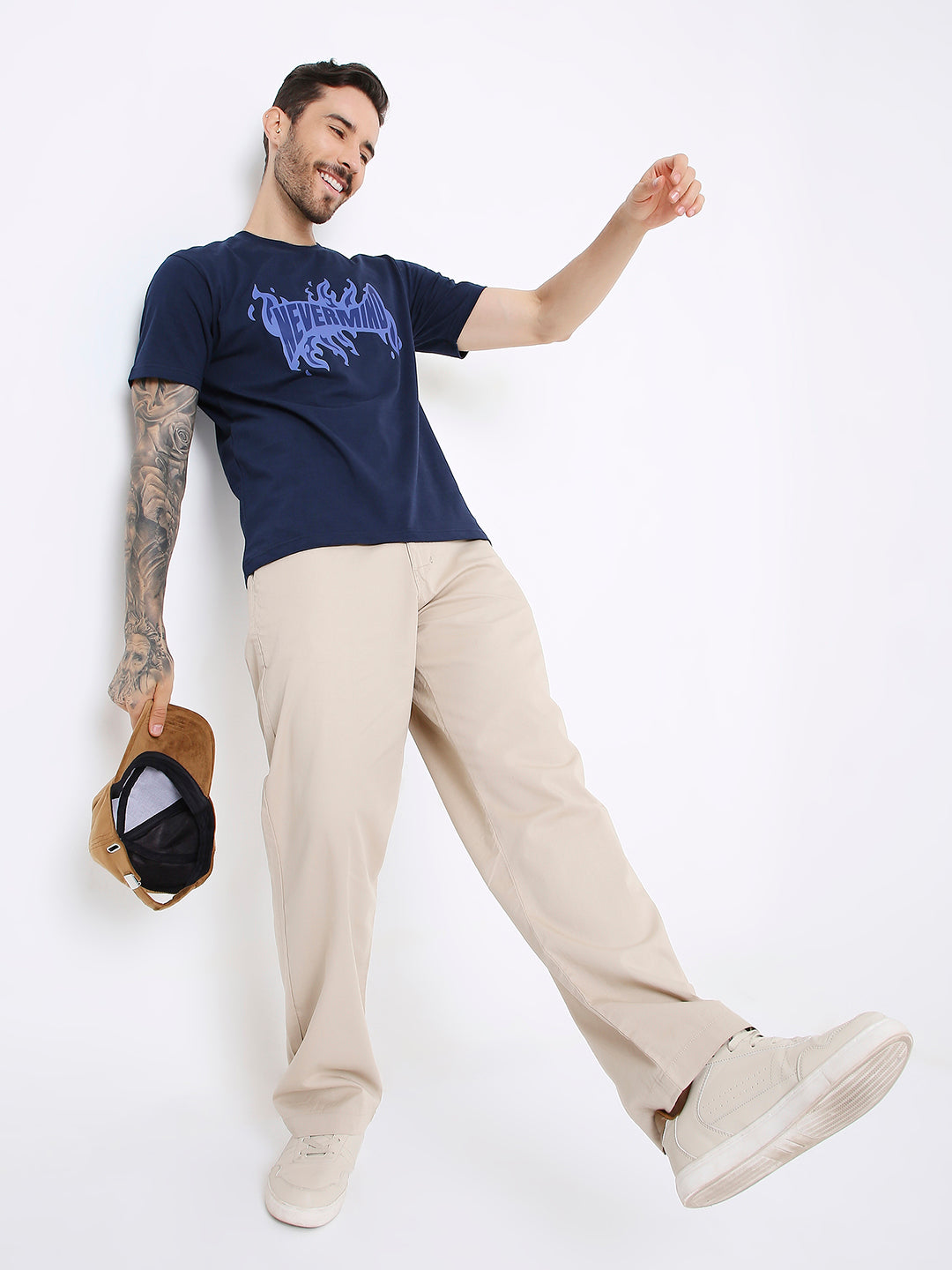 RELAXED FIT NAVY BLUE PRINTED TSHIRT