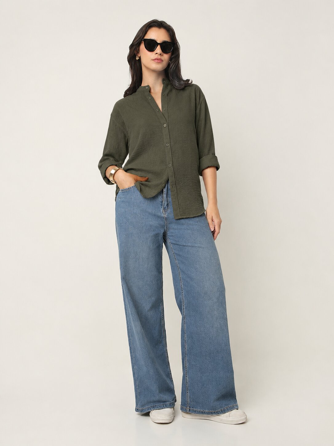 Dark Olive Textured Mandarin Collar Relaxed Fit Shirt