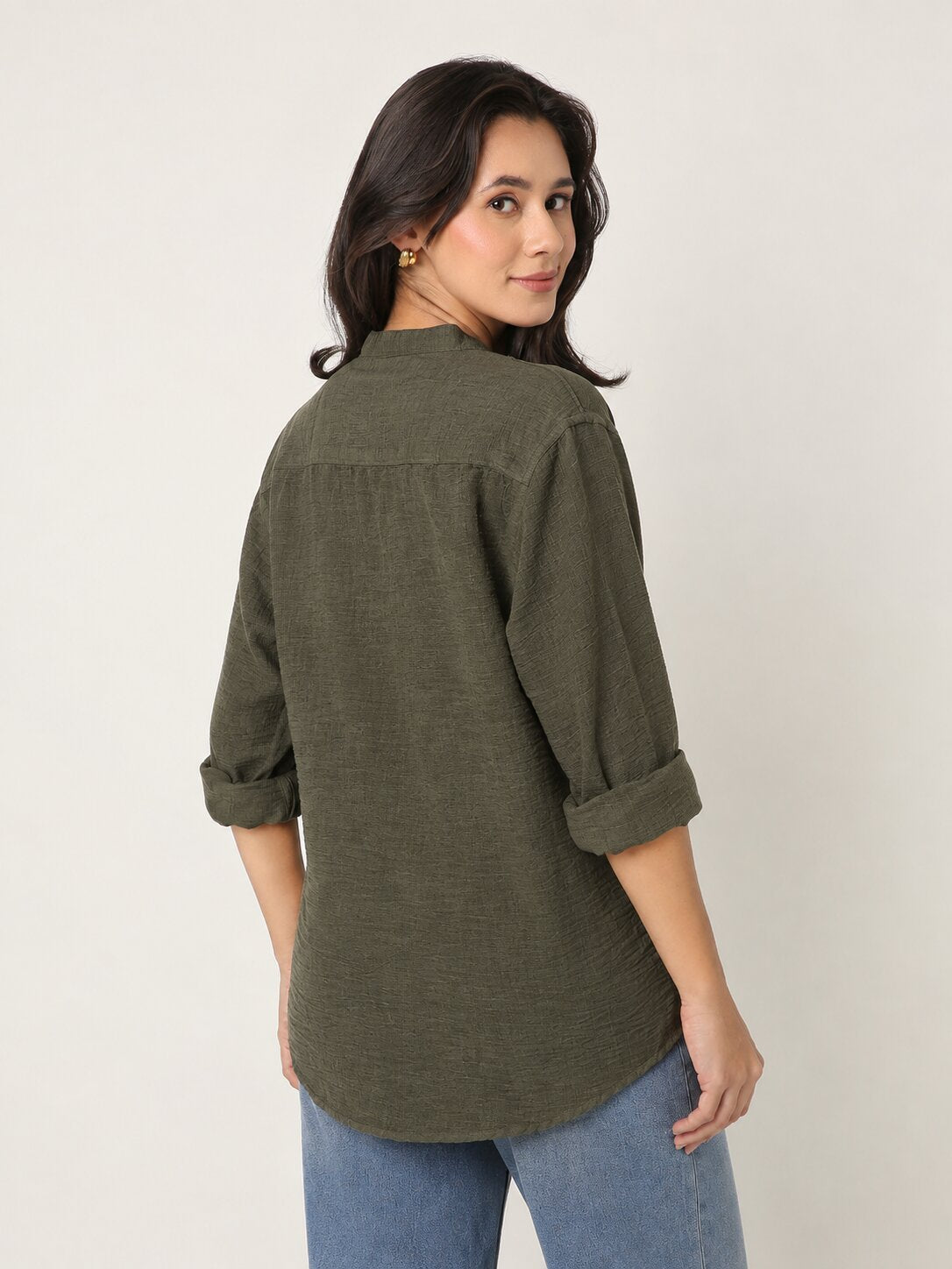 Dark Olive Textured Mandarin Collar Relaxed Fit Shirt