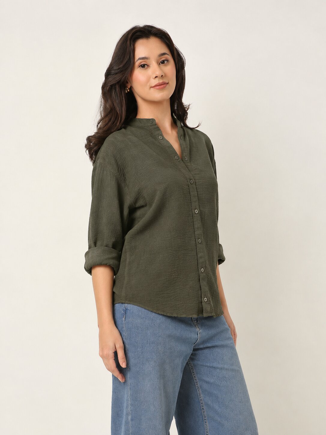 Dark Olive Textured Mandarin Collar Relaxed Fit Shirt