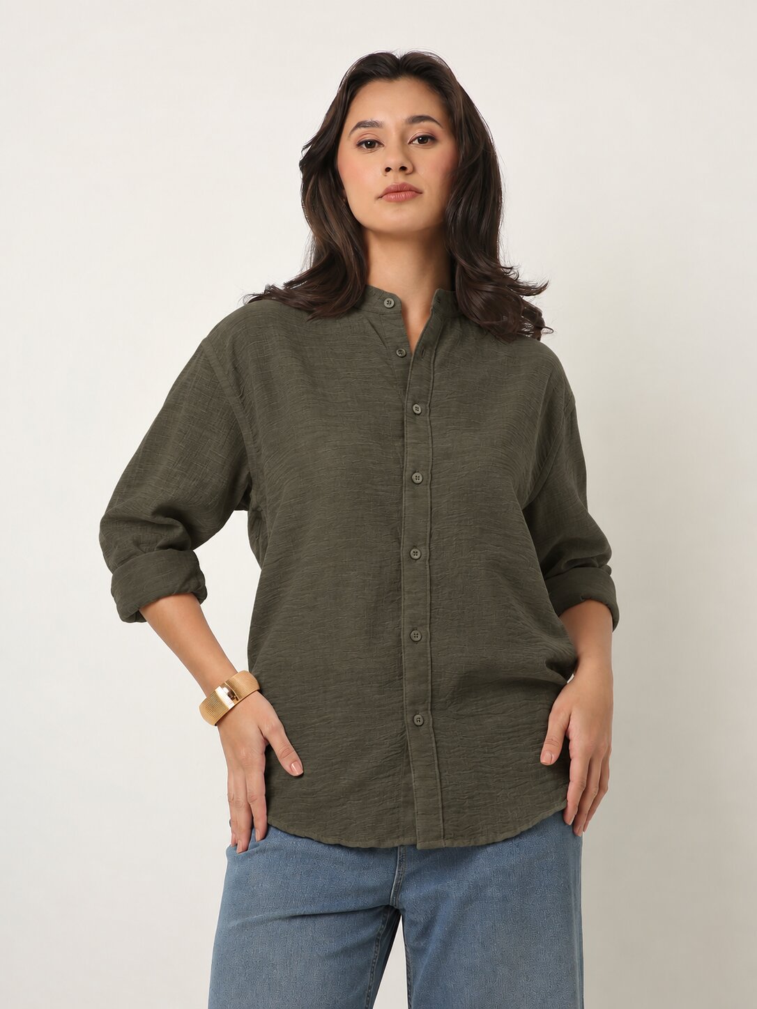 Dark Olive Textured Mandarin Collar Relaxed Fit Shirt