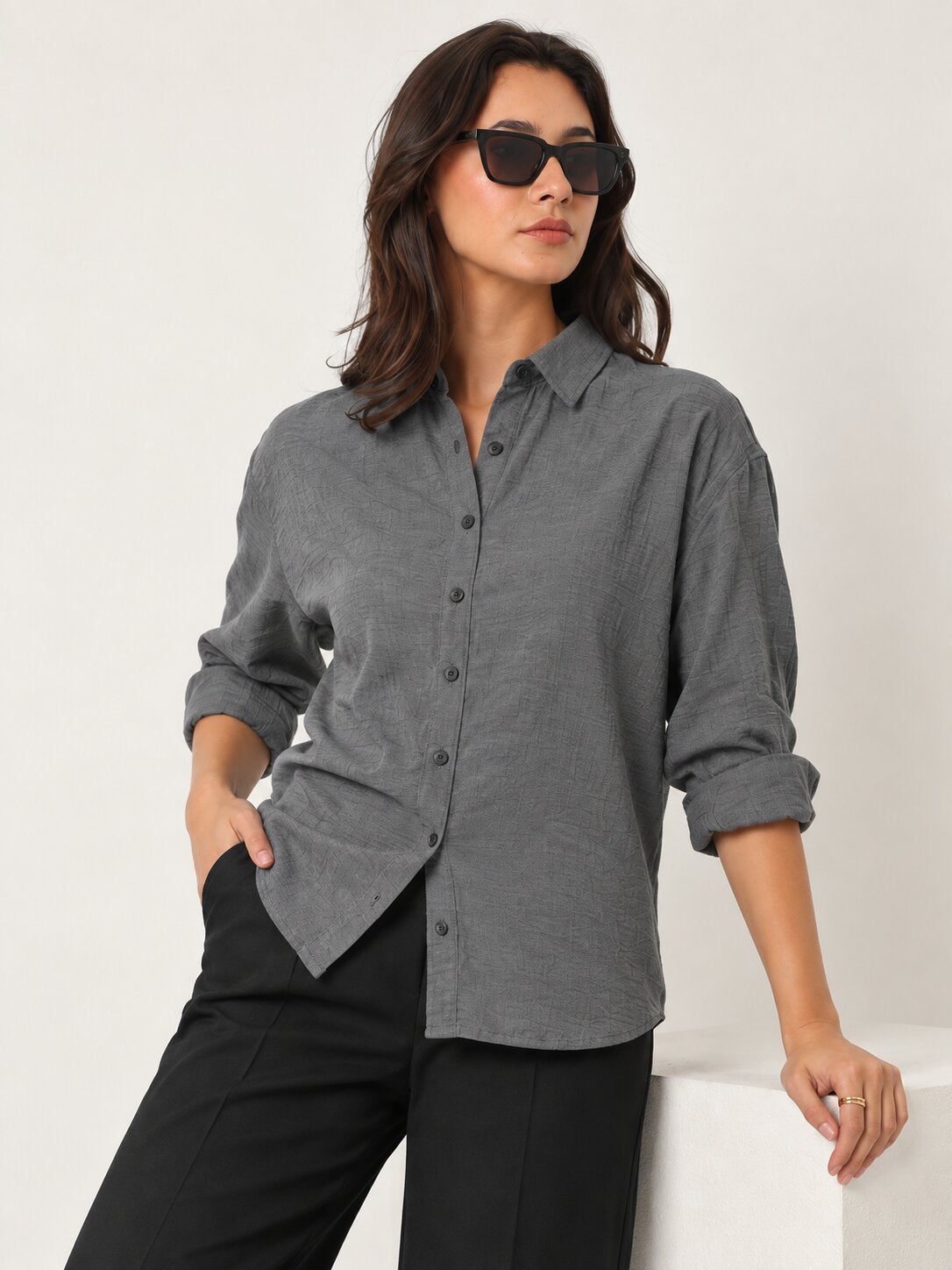 Grey Textured Relaxed Fit Button-Down Shirt