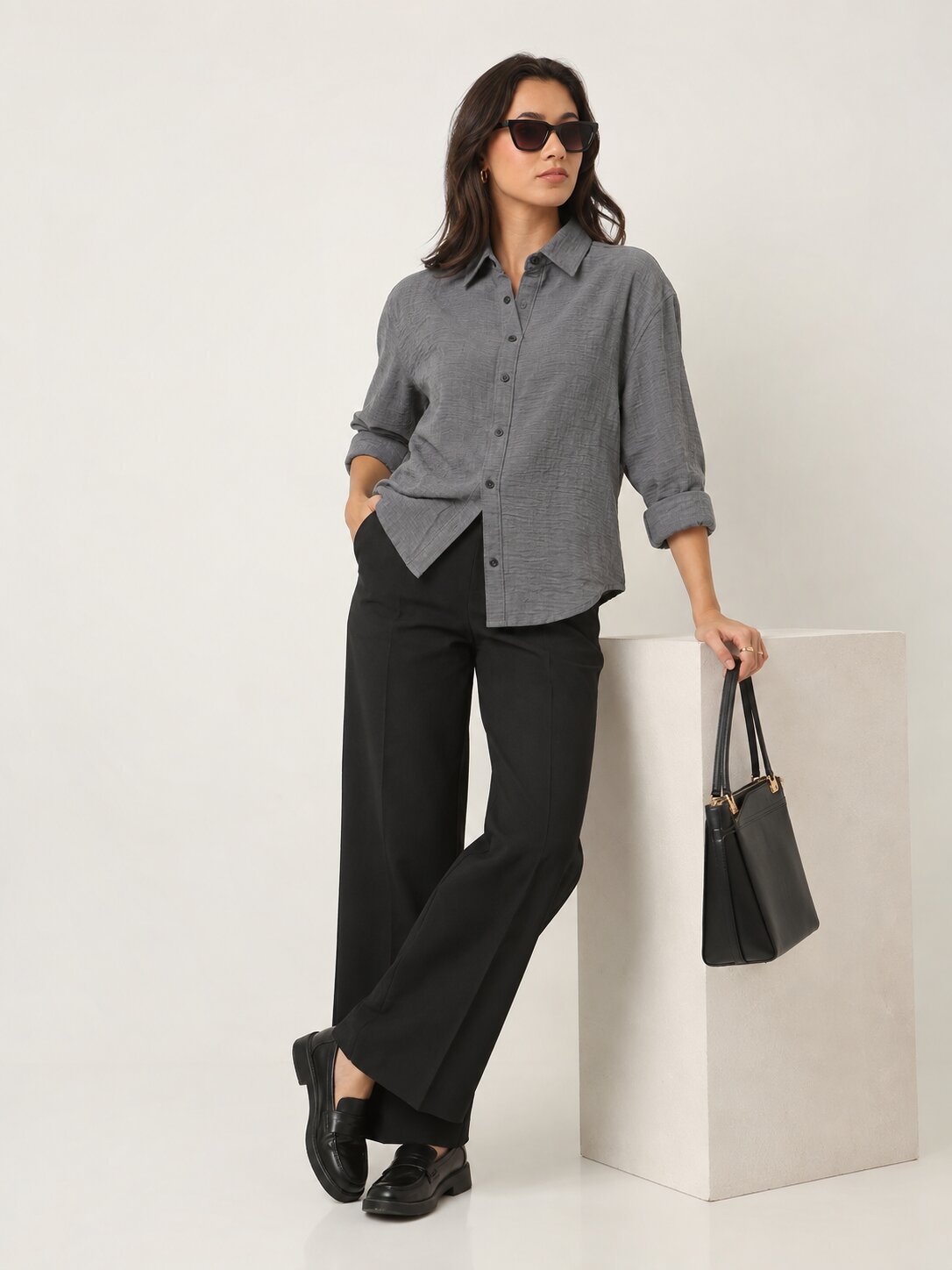 Grey Textured Relaxed Fit Button-Down Shirt
