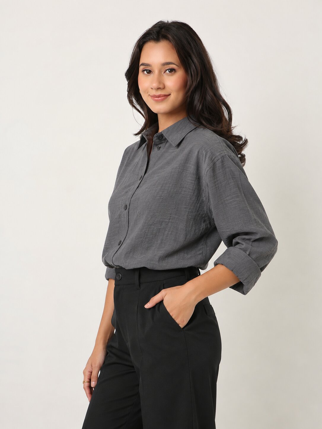 Grey Textured Relaxed Fit Button-Down Shirt