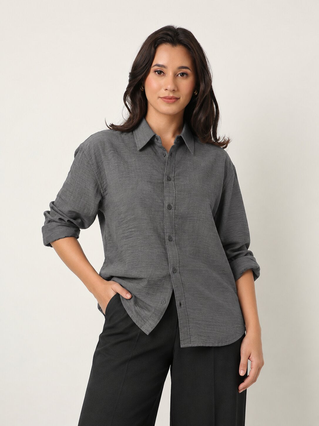 Grey Textured Relaxed Fit Button-Down Shirt