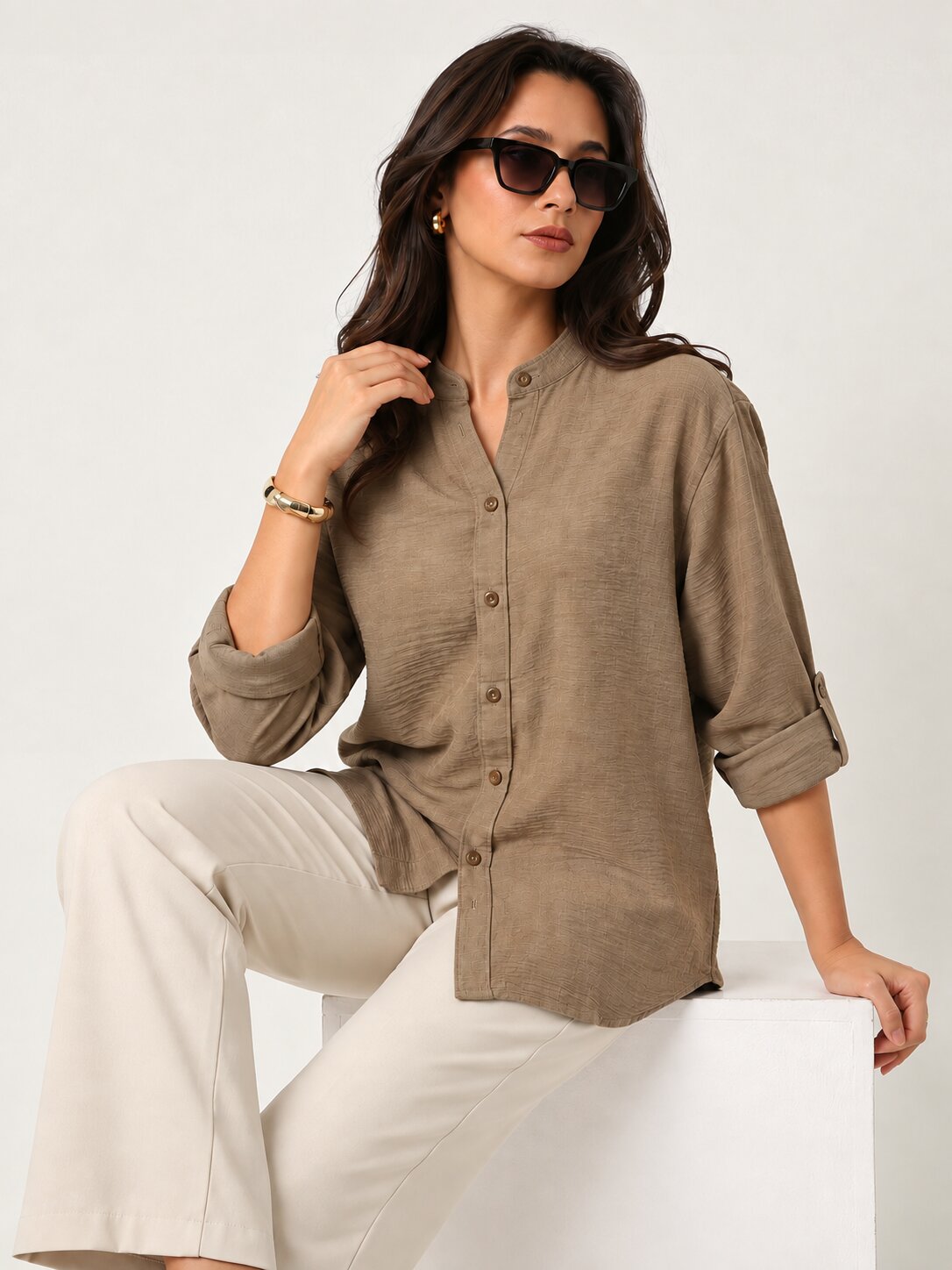 Beige Textured Mandarin Collar Relaxed Fit Shirt