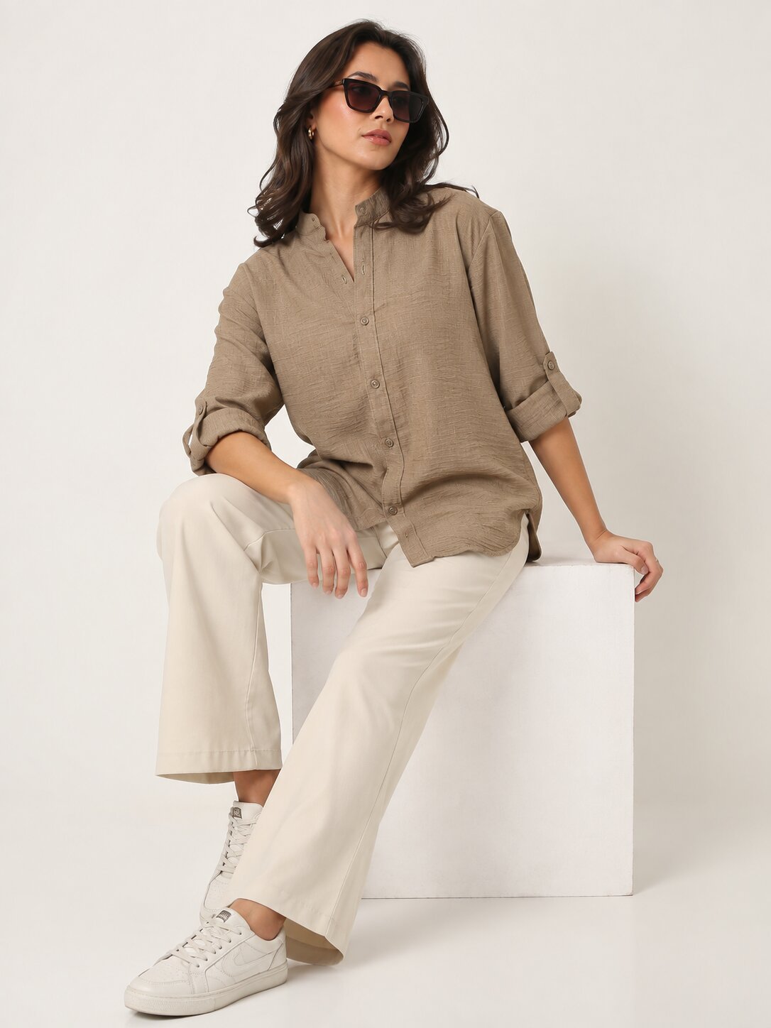 Beige Textured Mandarin Collar Relaxed Fit Shirt