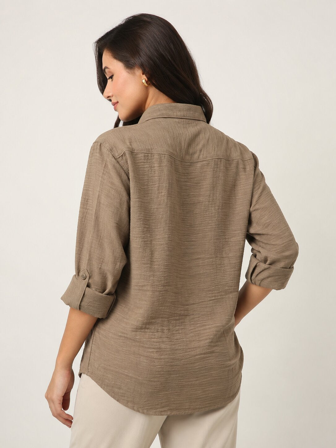 Beige Textured Mandarin Collar Relaxed Fit Shirt