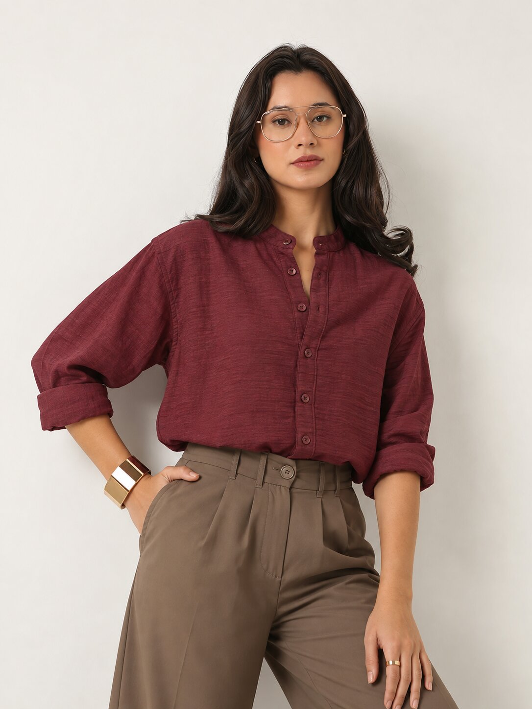 Dusty Maroon Textured Mandarin Collar Relaxed Fit Shirt