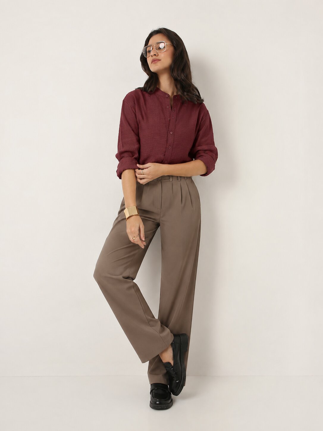 Dusty Maroon Textured Mandarin Collar Relaxed Fit Shirt