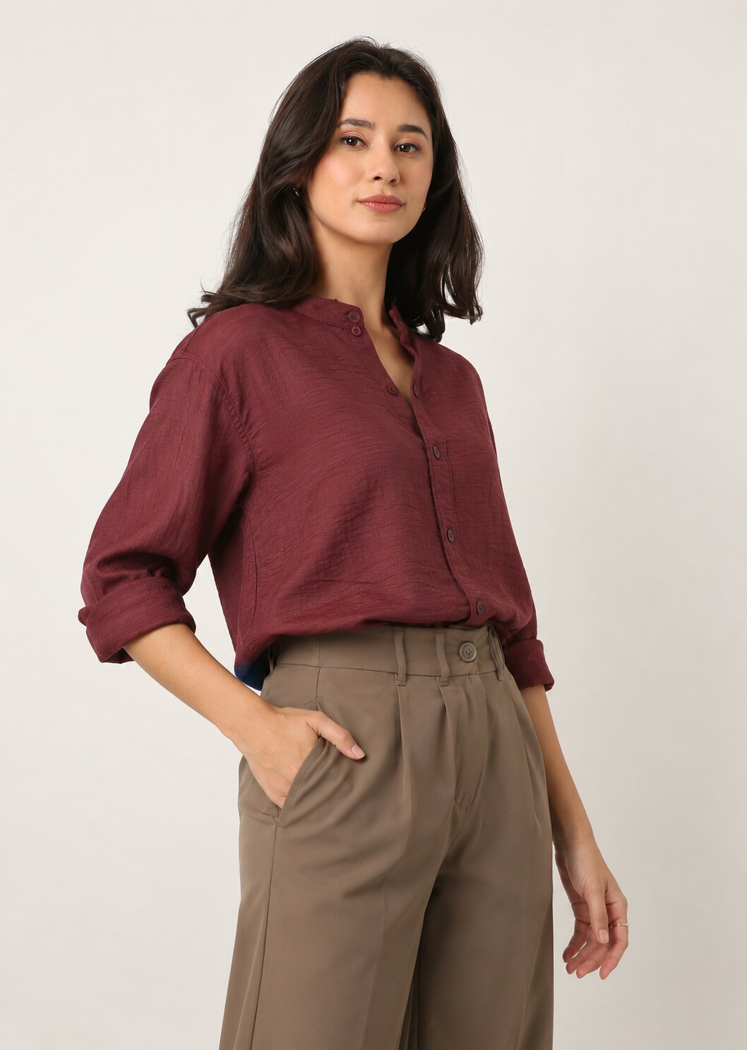 Dusty Maroon Textured Mandarin Collar Relaxed Fit Shirt