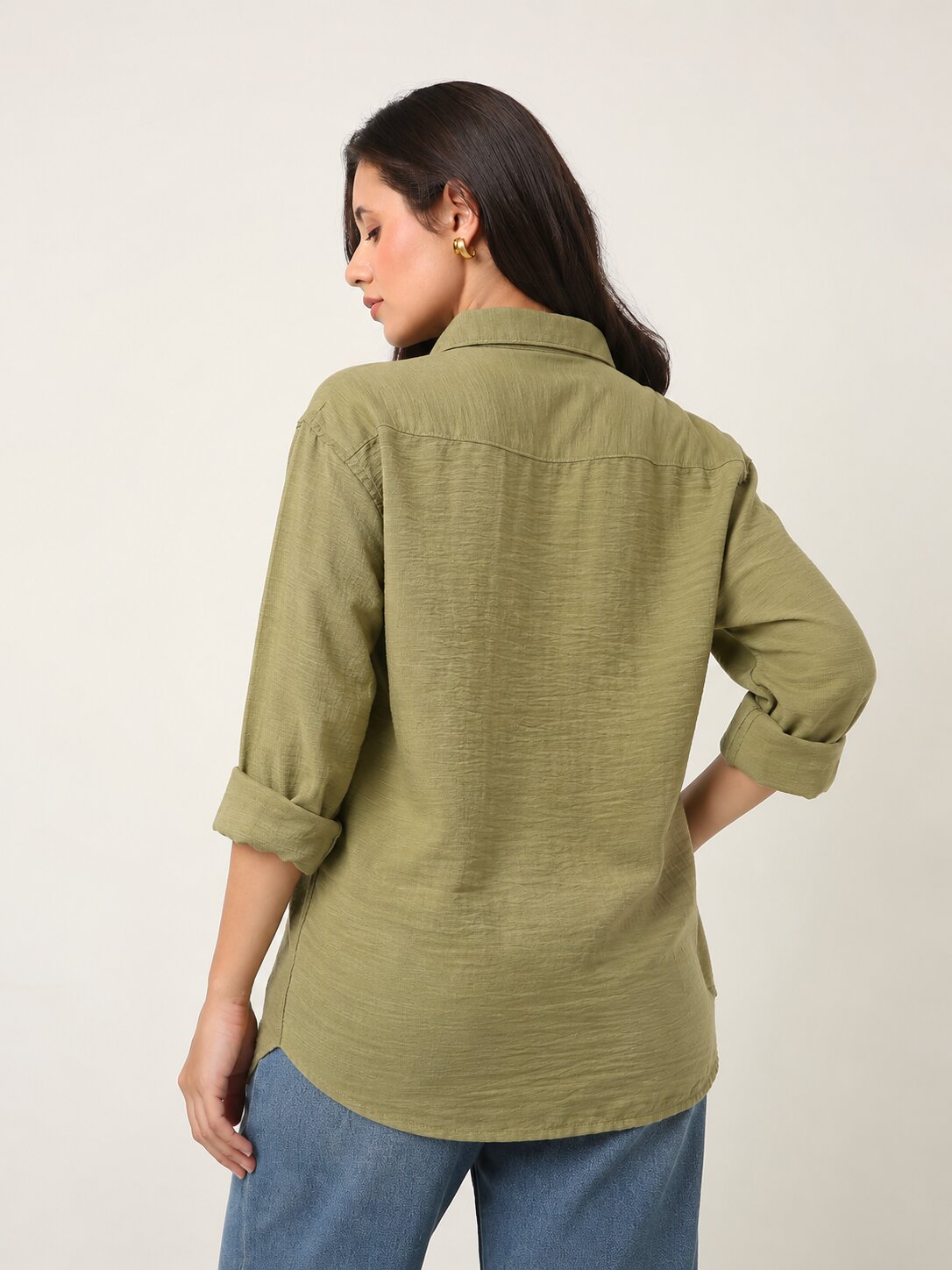 Pastel Olive Textured Relaxed Fit Button-Down Shirt