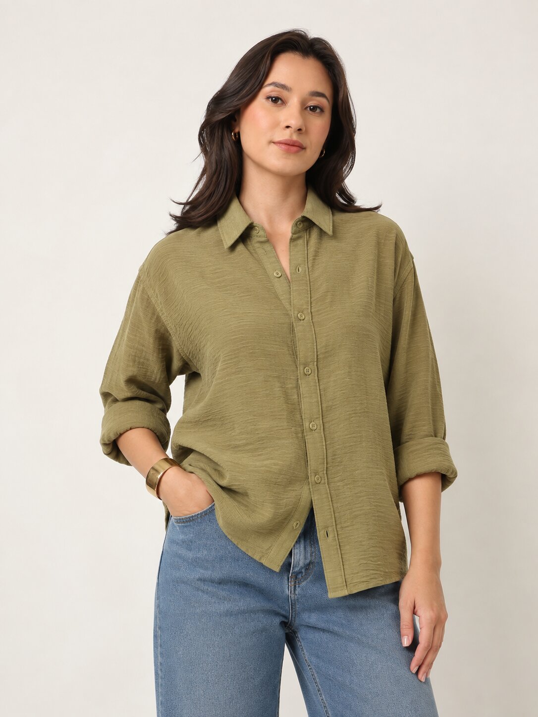 Pastel Olive Textured Relaxed Fit Button-Down Shirt