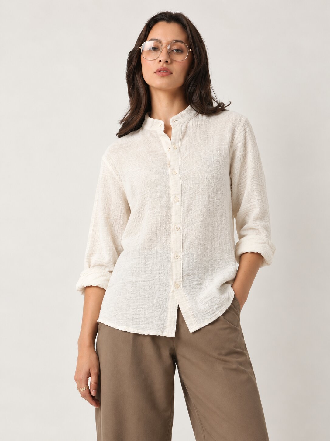 Cream Textured Mandarin Collar Relaxed Fit Shirt