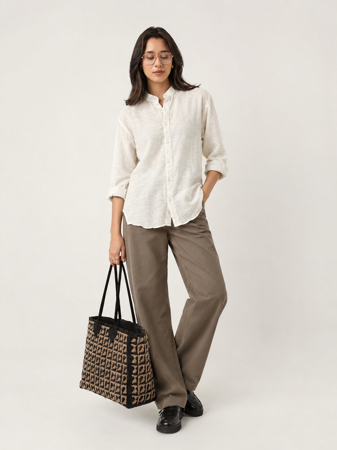 Cream Textured Mandarin Collar Relaxed Fit Shirt