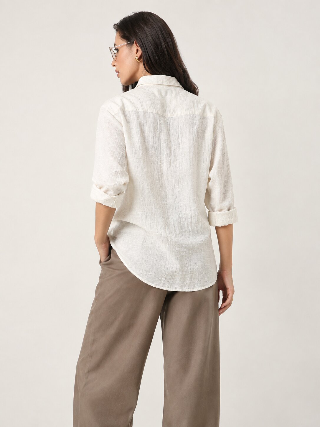 Cream Textured Mandarin Collar Relaxed Fit Shirt
