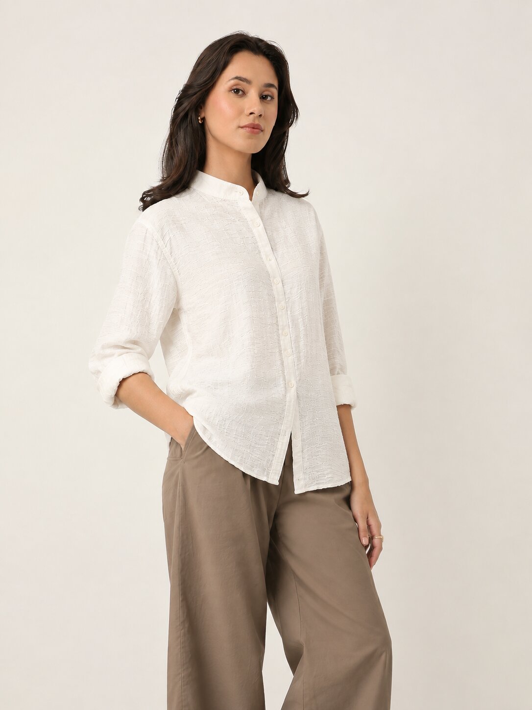 Cream Textured Mandarin Collar Relaxed Fit Shirt