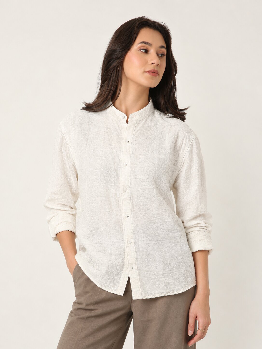 Cream Textured Mandarin Collar Relaxed Fit Shirt