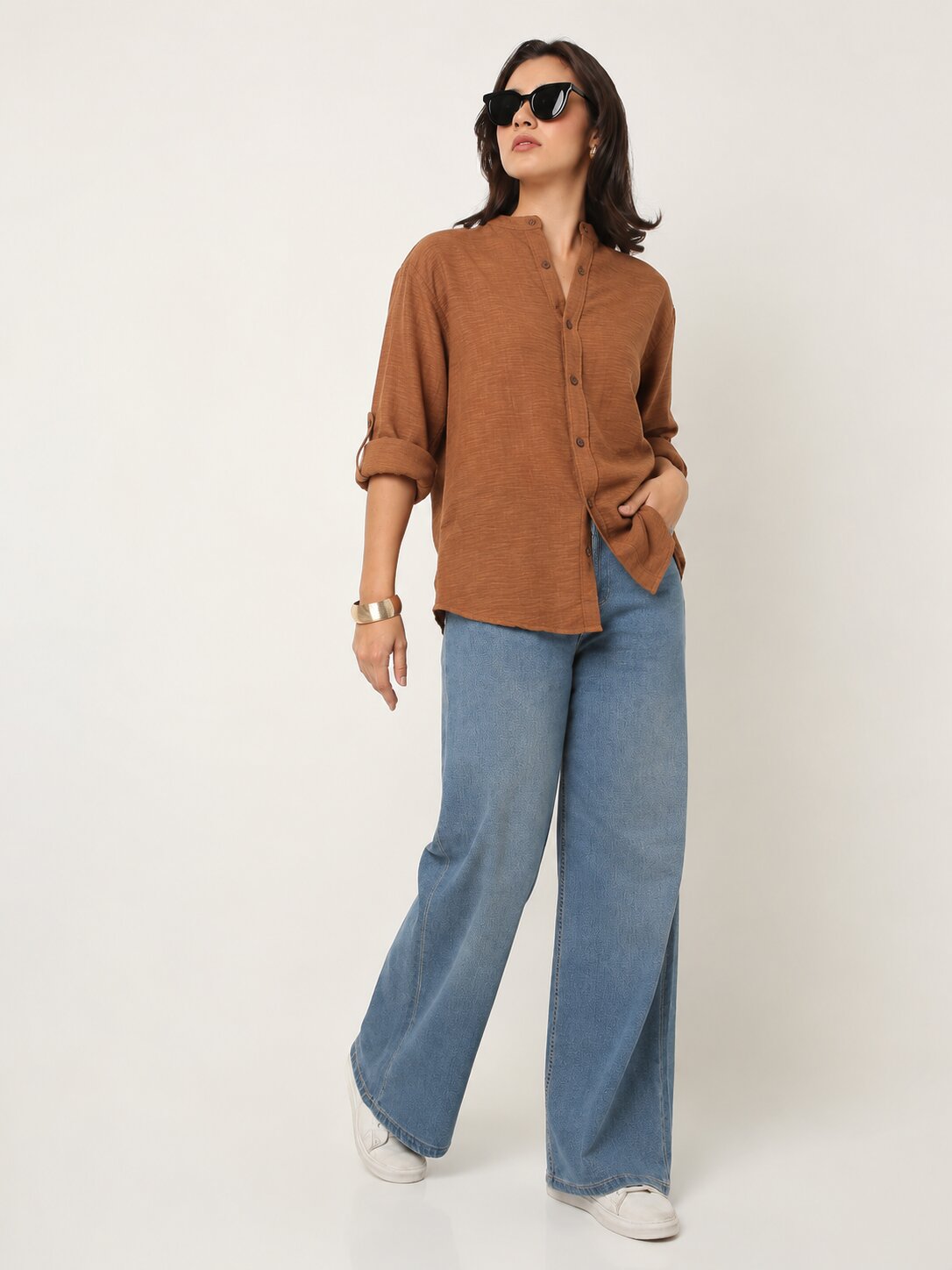 Rusty Orange Textured Mandarin Collar Relaxed Fit Shirt
