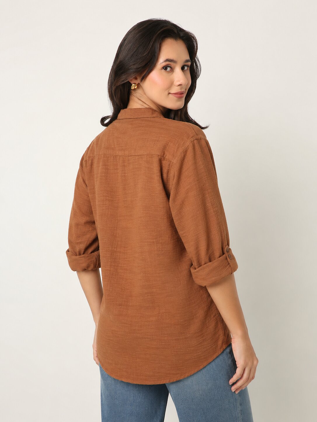 Rusty Orange Textured Mandarin Collar Relaxed Fit Shirt