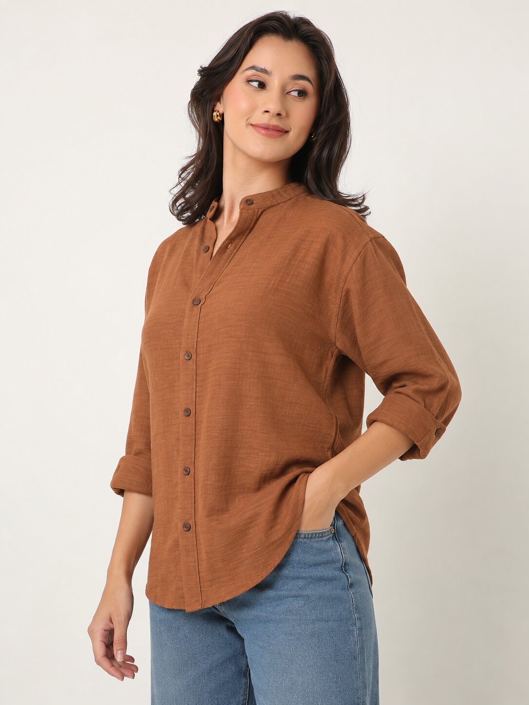 Rusty Orange Textured Mandarin Collar Relaxed Fit Shirt