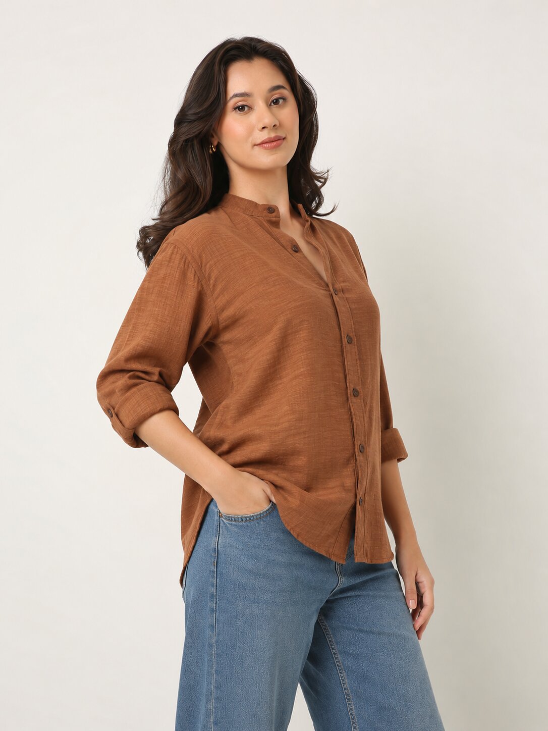 Rusty Orange Textured Mandarin Collar Relaxed Fit Shirt