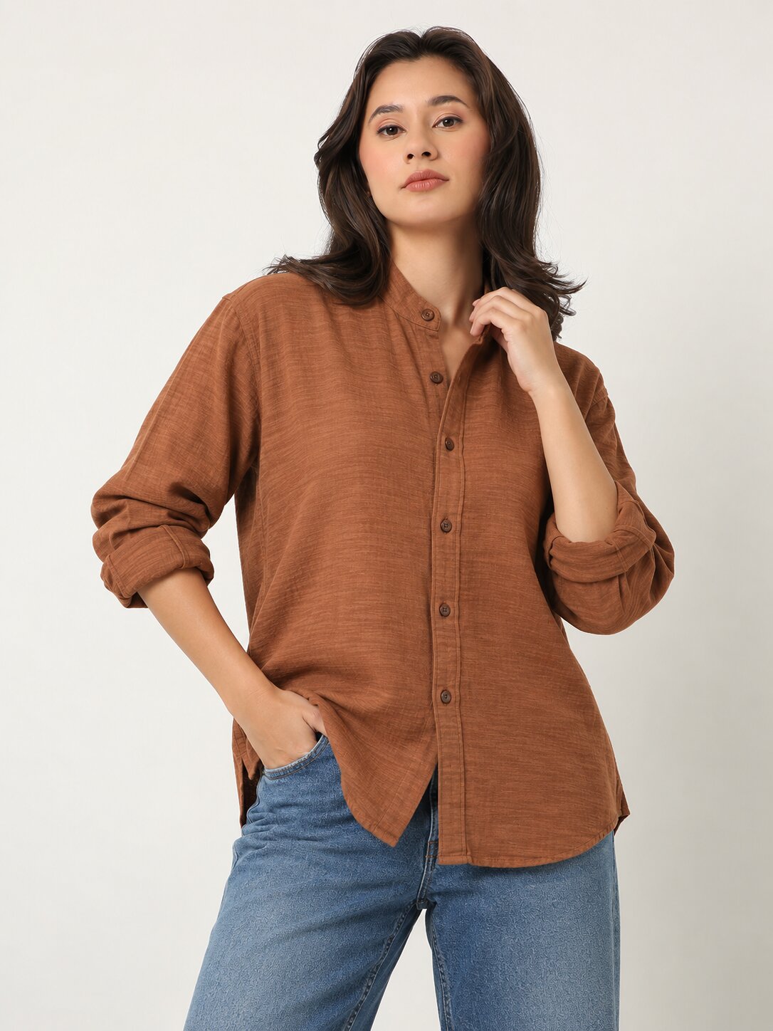 Rusty Orange Textured Mandarin Collar Relaxed Fit Shirt