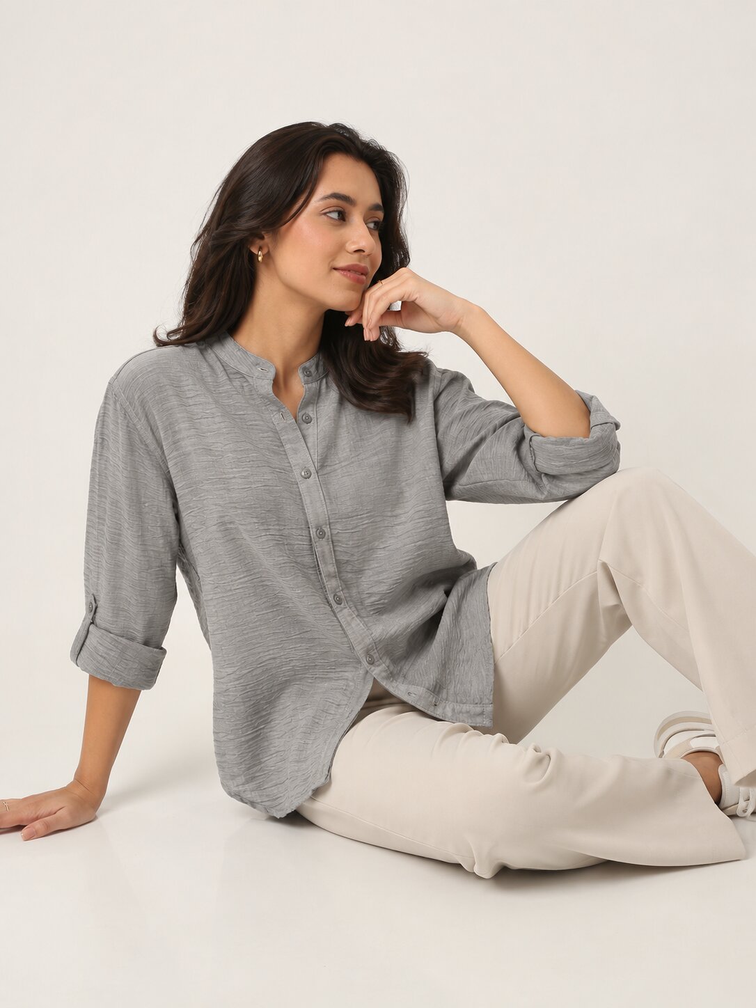 Lt. Grey Textured Mandarin Collar Relaxed Fit Shirt
