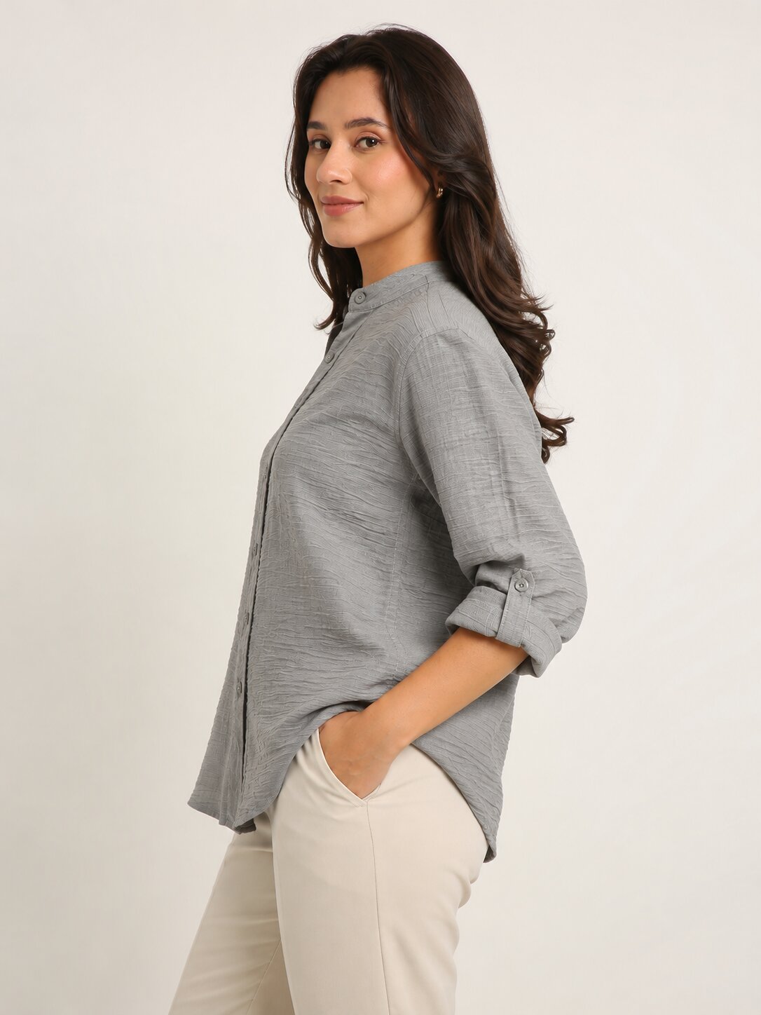 Lt. Grey Textured Mandarin Collar Relaxed Fit Shirt