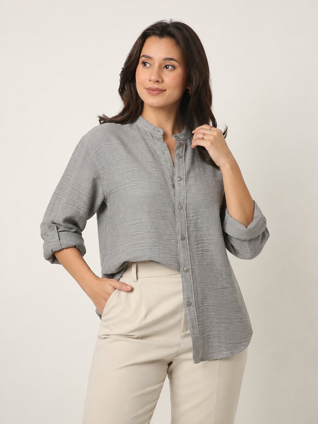 Lt. Grey Textured Mandarin Collar Relaxed Fit Shirt