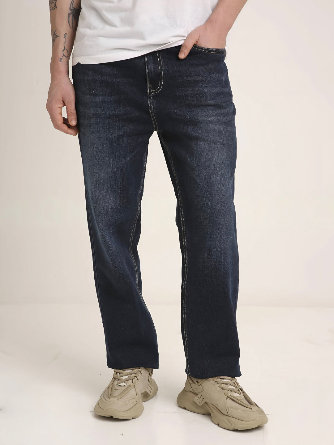 Dark Wash Straight Fit Stretch Denim Jeans