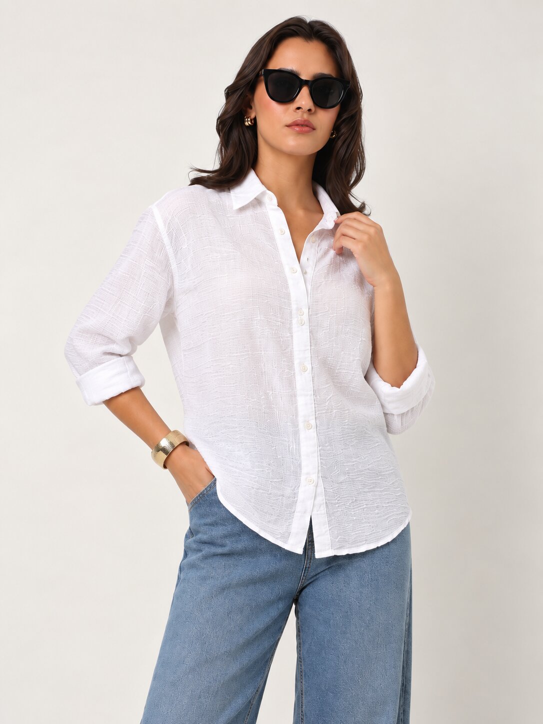 White Textured Relaxed Fit Button-Down Shirt