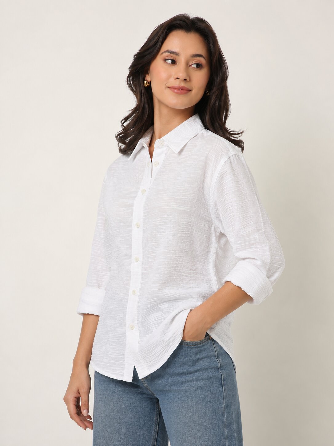 White Textured Relaxed Fit Button-Down Shirt