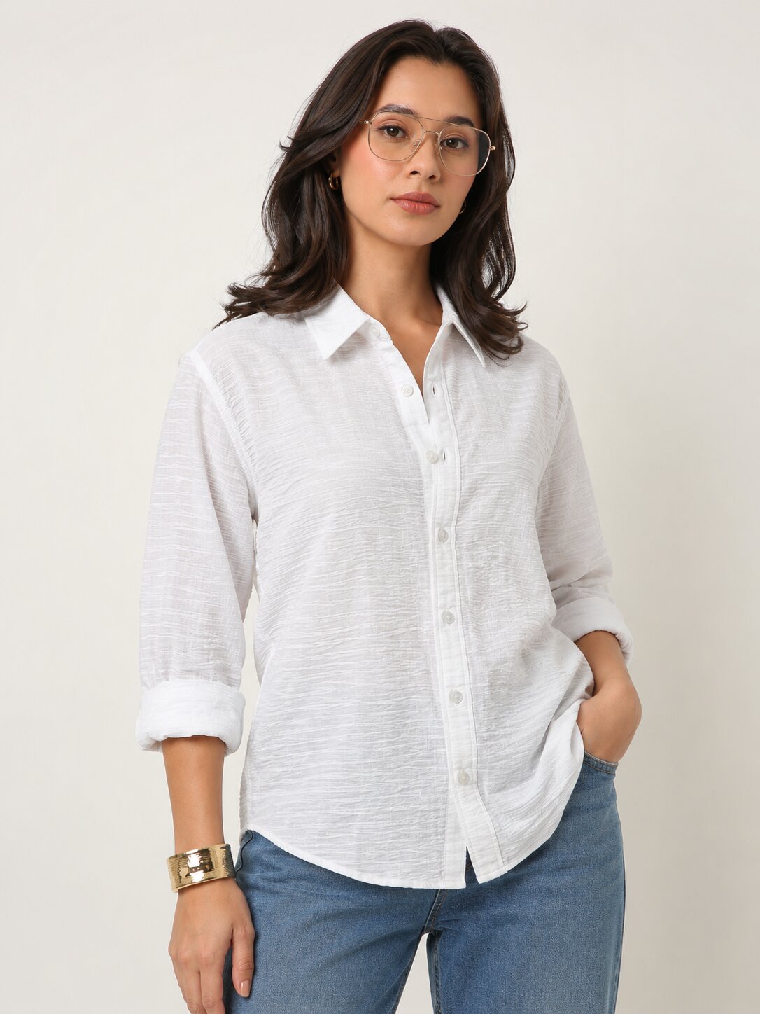 White Textured Relaxed Fit Button-Down Shirt