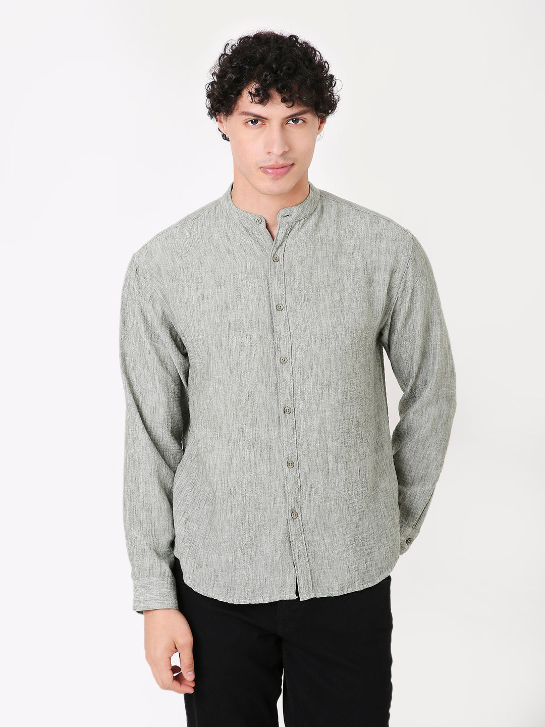 PREMIUM LINEN BLEND MANDARIN COLLAR GREEN SHIRT