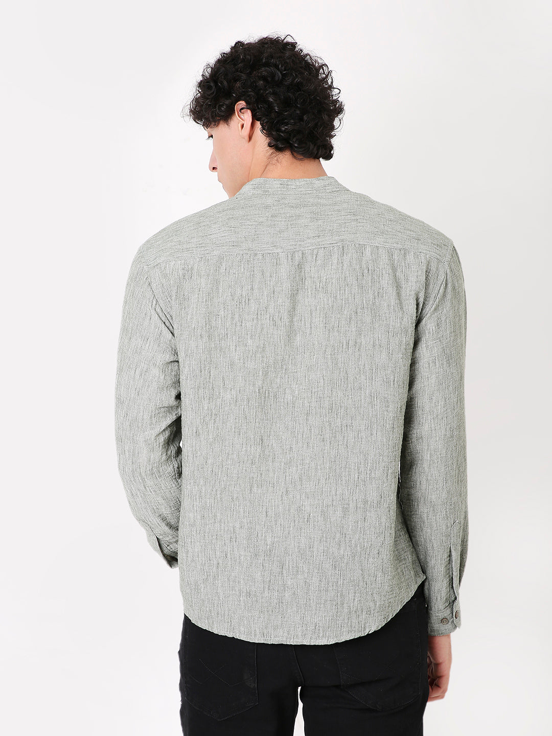 PREMIUM LINEN BLEND MANDARIN COLLAR GREEN SHIRT