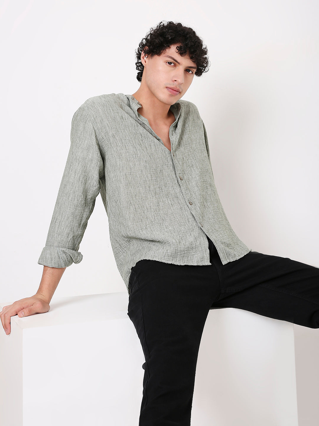PREMIUM LINEN BLEND MANDARIN COLLAR GREEN SHIRT