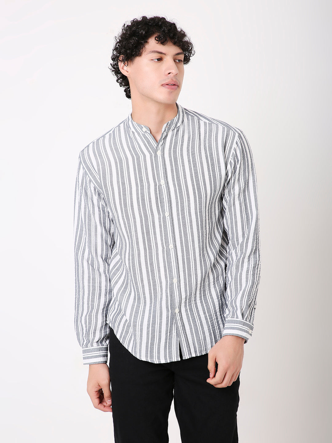 CLASSIC STRIPED MANDARIN COLLAR SHIRT FOR MEN