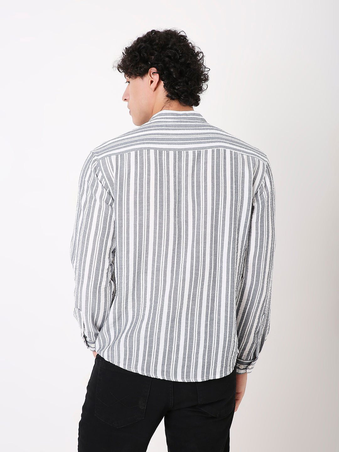 CLASSIC STRIPED MANDARIN COLLAR SHIRT FOR MEN